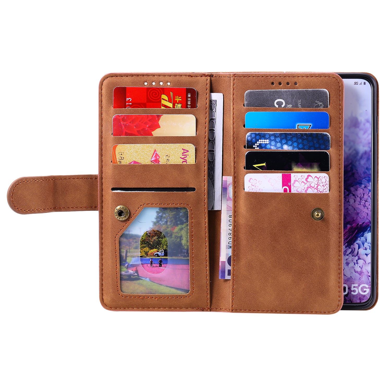 Zipper Pocket Wallet Stand Flip Leather Cell Phone Cover Casing for Samsung Galaxy S20 Plus/S20 Plus 5G  - Brown