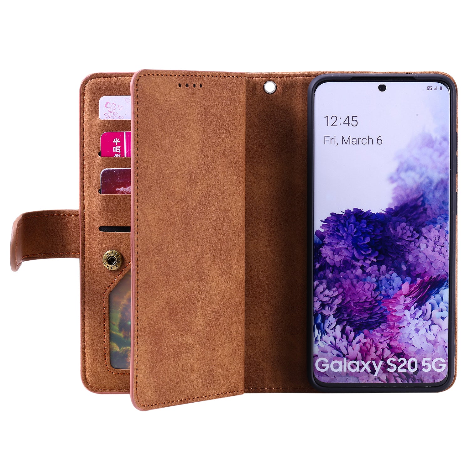 Zipper Pocket Wallet Stand Flip Leather Cell Phone Cover Casing for Samsung Galaxy S20 Plus/S20 Plus 5G  - Brown