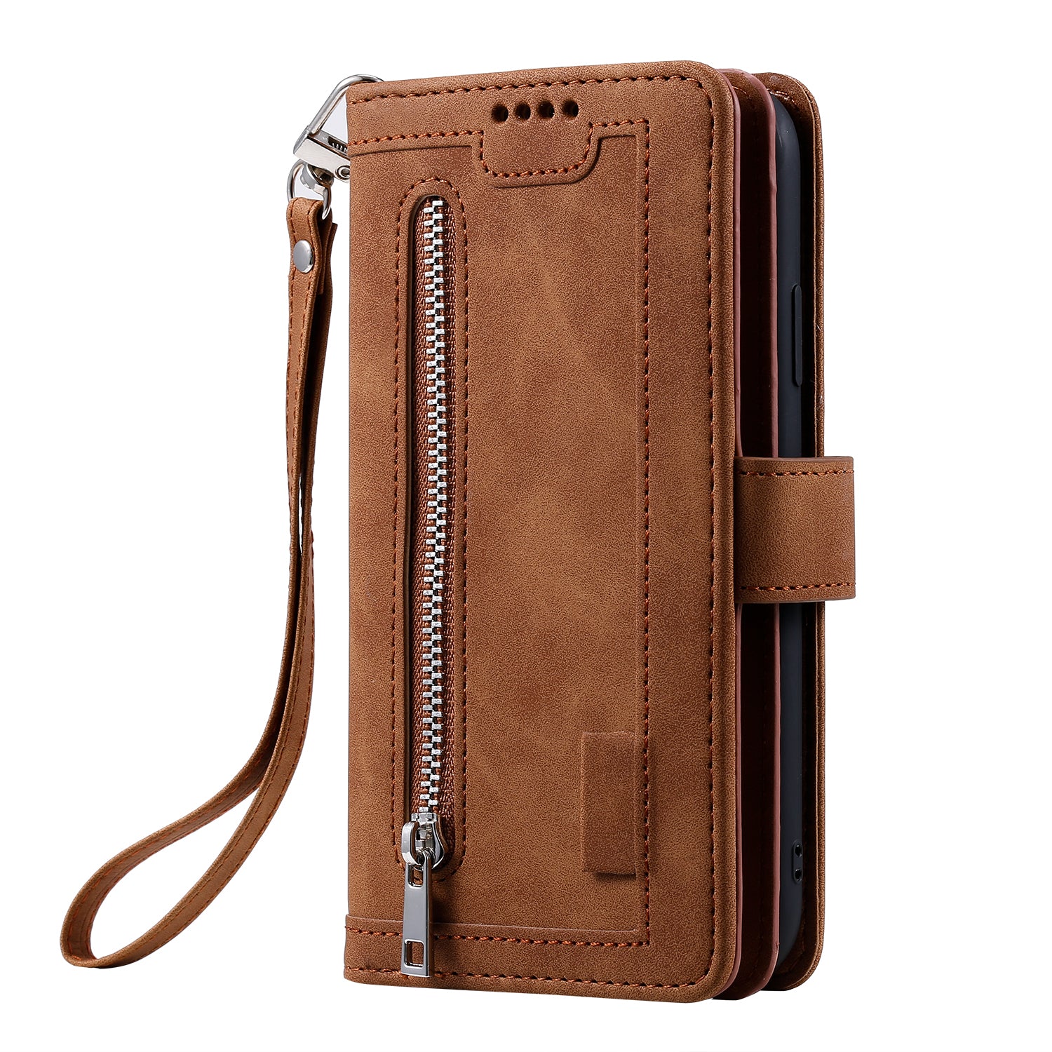 Zipper Pocket Wallet Stand Flip Leather Cell Phone Cover Casing for Samsung Galaxy S20 Plus/S20 Plus 5G  - Brown