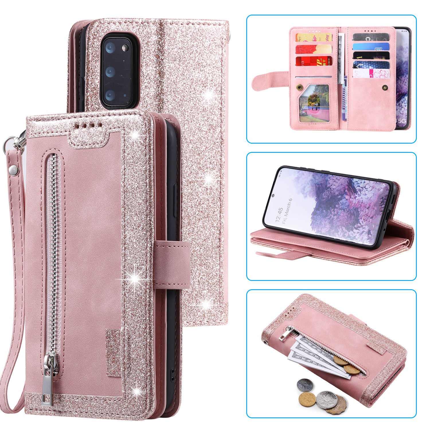 Zipper Pocket Wallet Stand Flip Leather Cell Phone Cover Casing for Samsung Galaxy S20 Plus/S20 Plus 5G  - Rose Gold