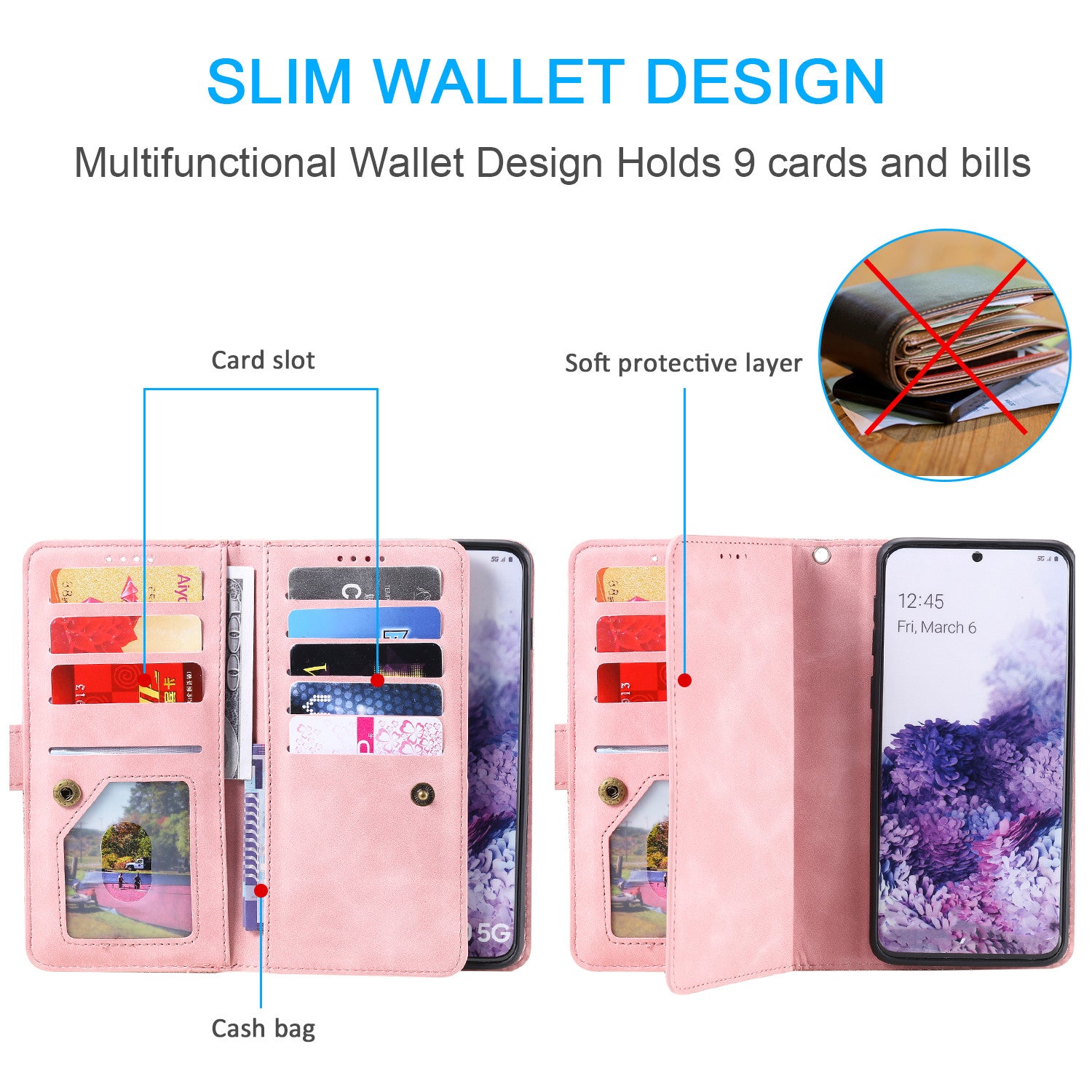 Zipper Pocket Wallet Stand Flip Leather Cell Phone Cover Casing for Samsung Galaxy S20 Plus/S20 Plus 5G  - Rose Gold