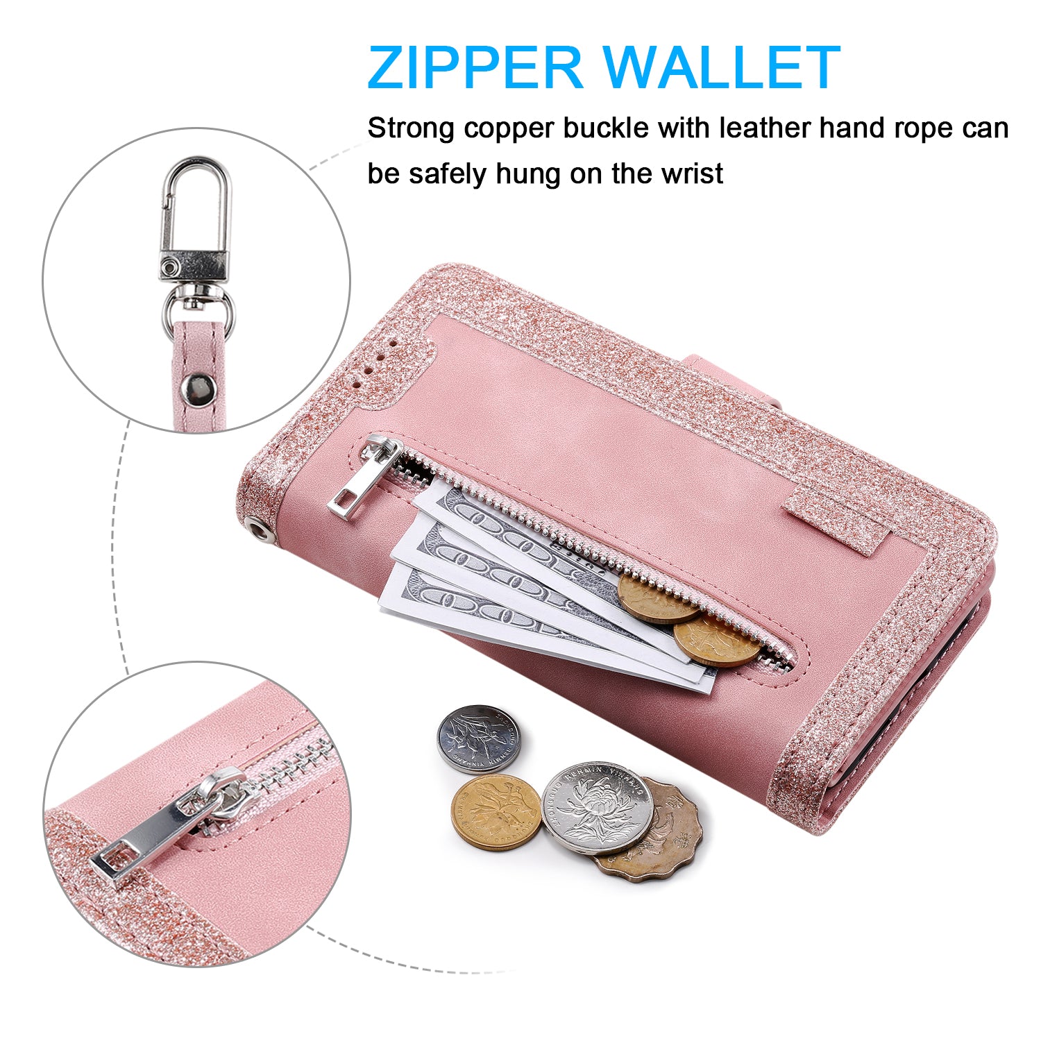 Zipper Pocket Wallet Stand Flip Leather Cell Phone Cover Casing for Samsung Galaxy S20 Plus/S20 Plus 5G  - Rose Gold