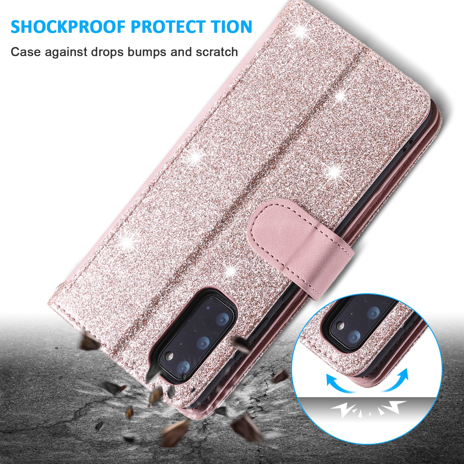 Zipper Pocket Wallet Stand Flip Leather Cell Phone Cover Casing for Samsung Galaxy S20 Plus/S20 Plus 5G  - Rose Gold