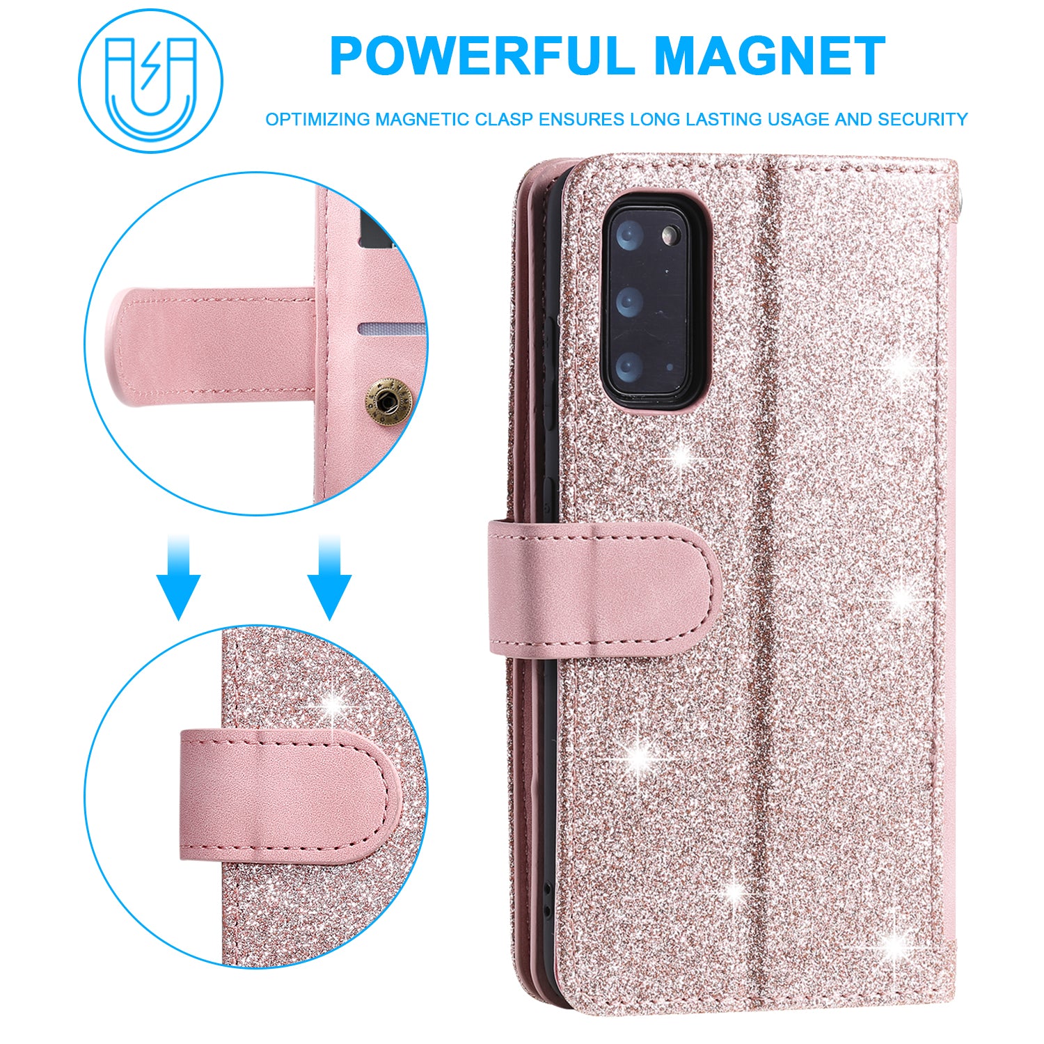 Zipper Pocket Wallet Stand Flip Leather Cell Phone Cover Casing for Samsung Galaxy S20 Plus/S20 Plus 5G  - Rose Gold