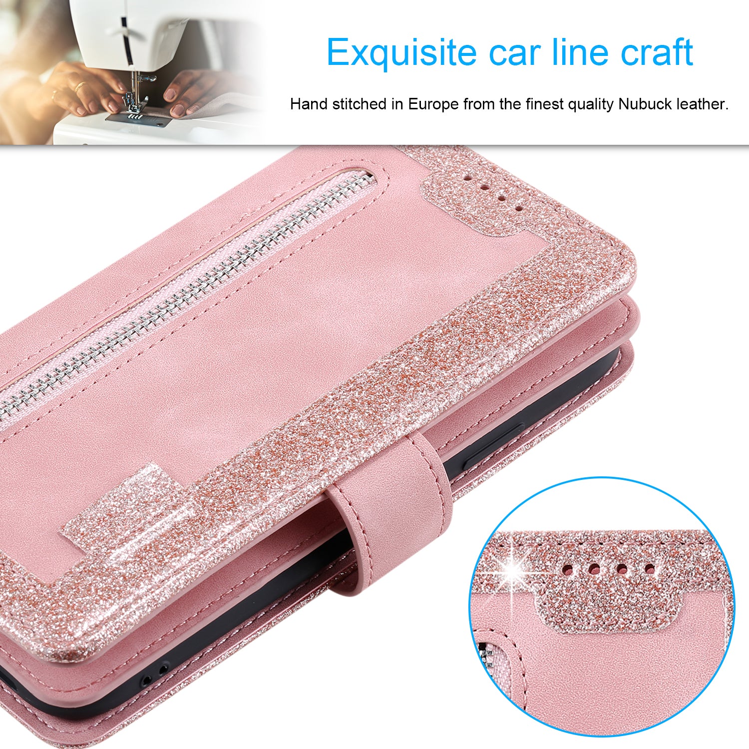 Zipper Pocket Wallet Stand Flip Leather Cell Phone Cover Casing for Samsung Galaxy S20 Plus/S20 Plus 5G  - Rose Gold