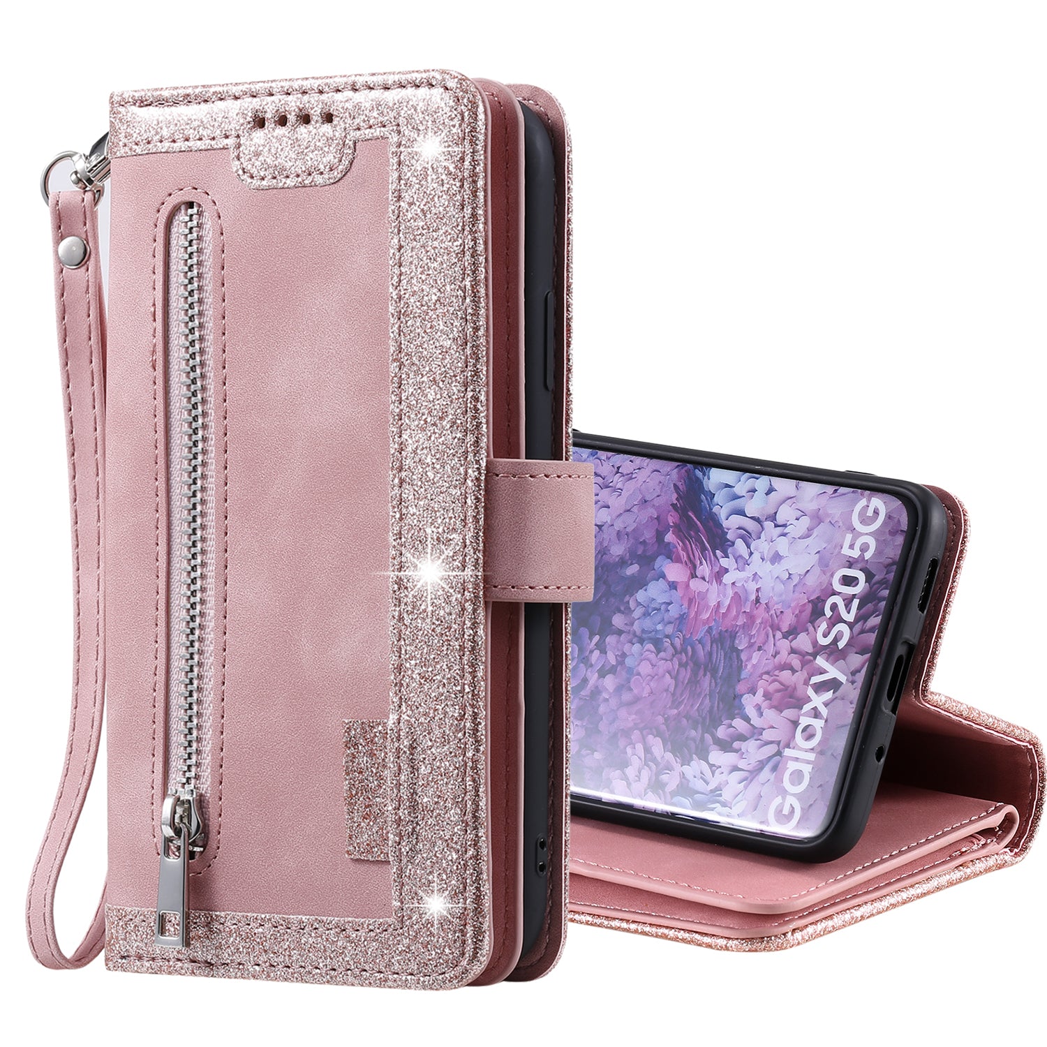 Zipper Pocket Wallet Stand Flip Leather Cell Phone Cover Casing for Samsung Galaxy S20 Plus/S20 Plus 5G  - Rose Gold