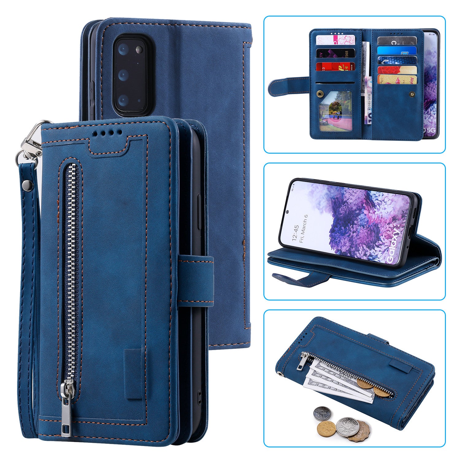 Zipper Pocket Wallet Stand Flip Leather Cell Phone Cover Casing for Samsung Galaxy S20 Plus/S20 Plus 5G  - Blue