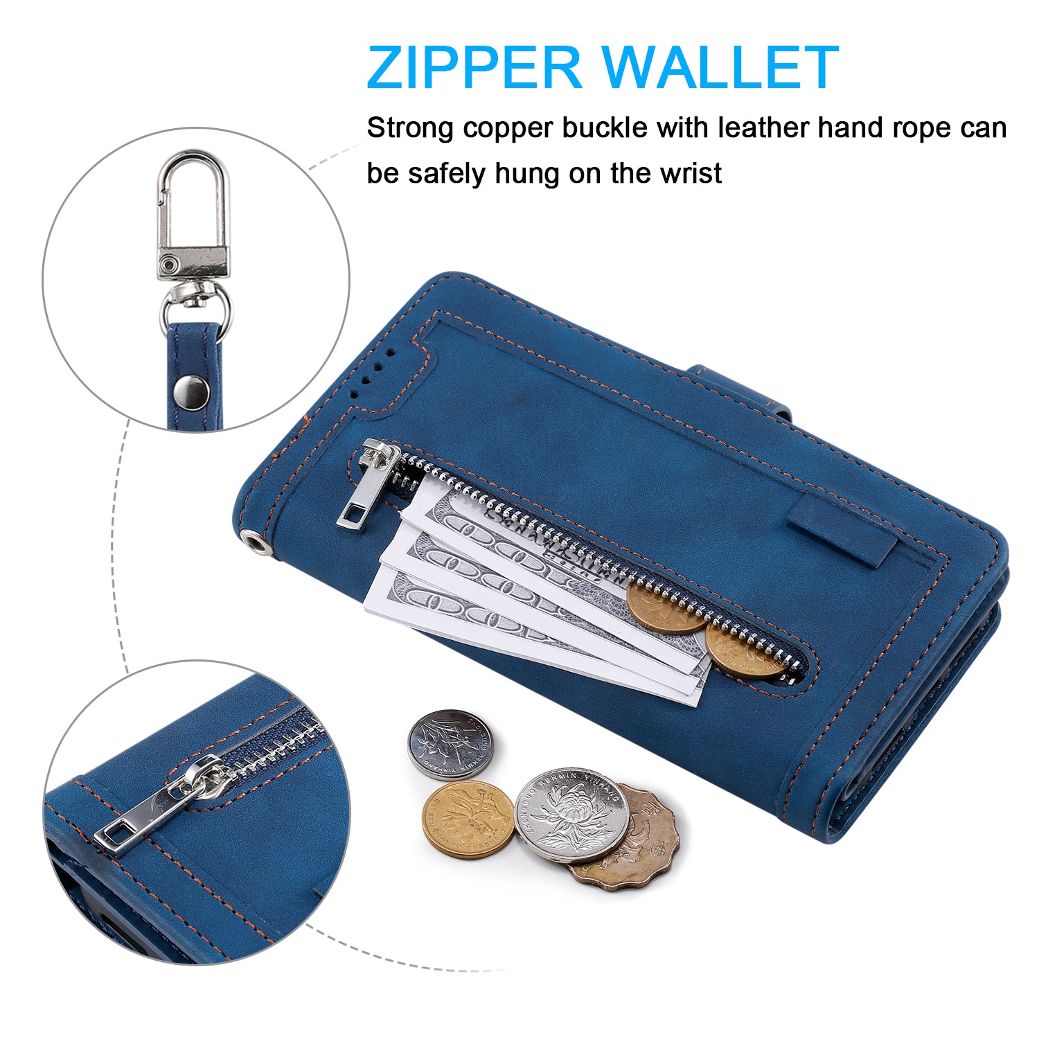 Zipper Pocket Wallet Stand Flip Leather Cell Phone Cover Casing for Samsung Galaxy S20 Plus/S20 Plus 5G  - Blue