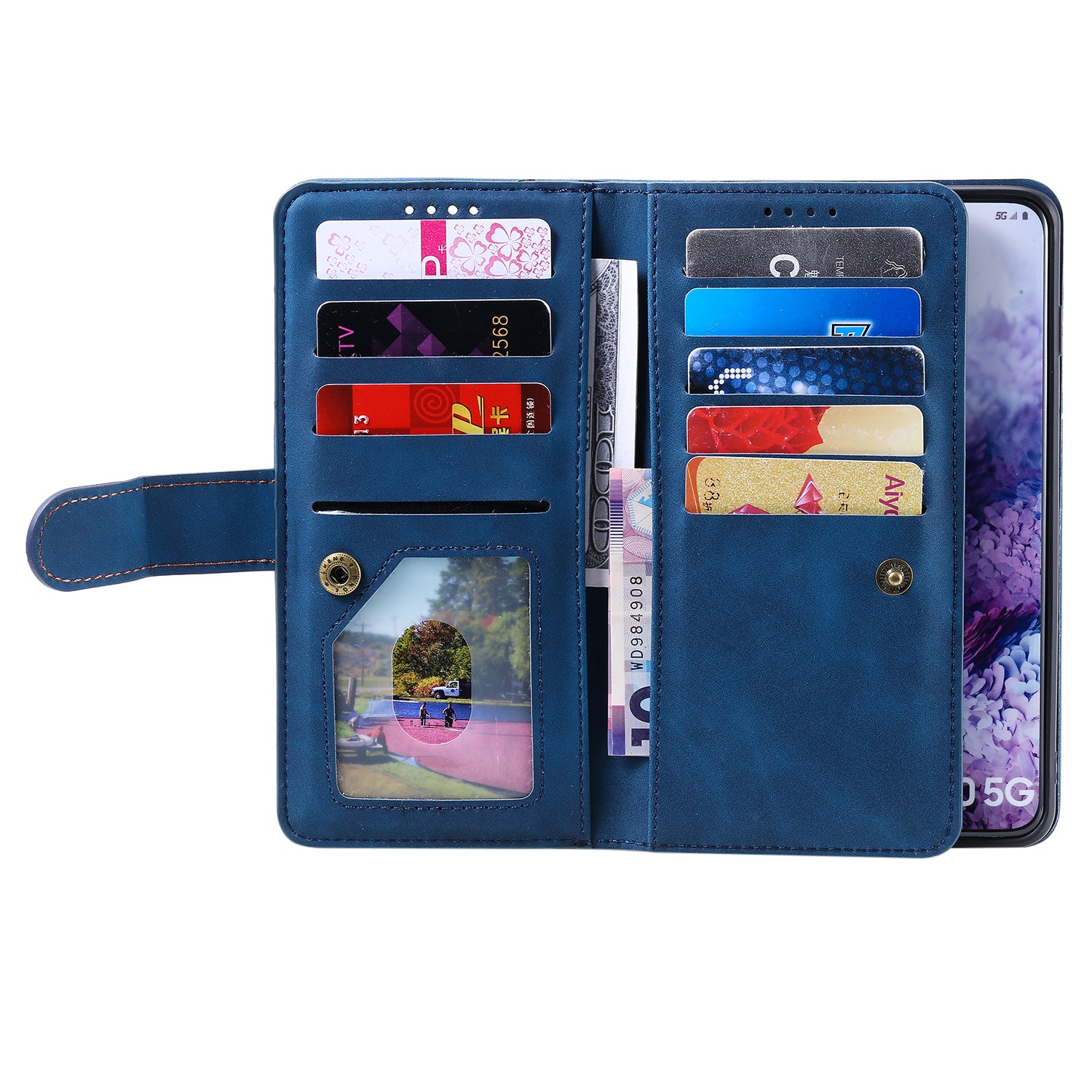 Zipper Pocket Wallet Stand Flip Leather Cell Phone Cover Casing for Samsung Galaxy S20 Plus/S20 Plus 5G  - Blue