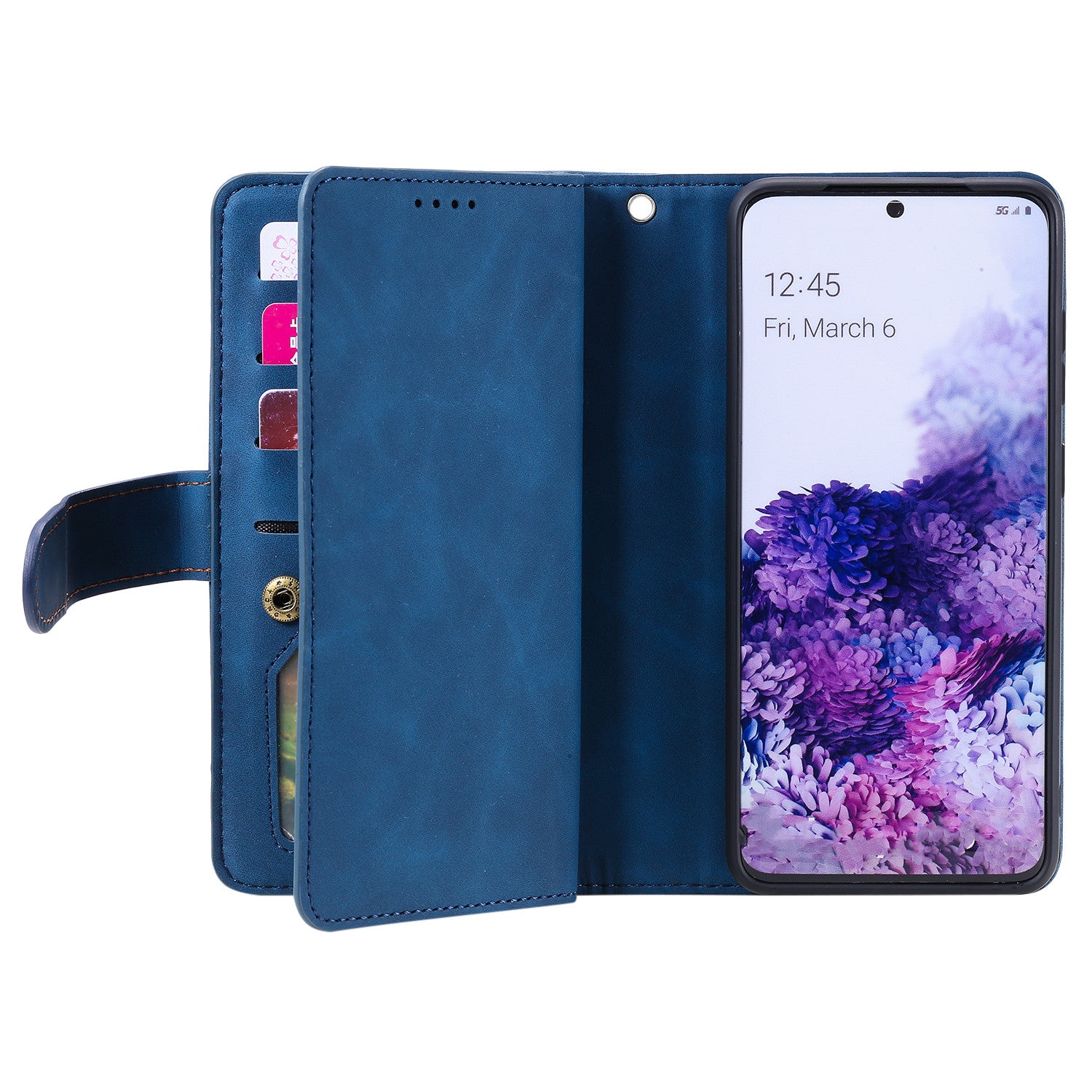 Zipper Pocket Wallet Stand Flip Leather Cell Phone Cover Casing for Samsung Galaxy S20 Plus/S20 Plus 5G  - Blue