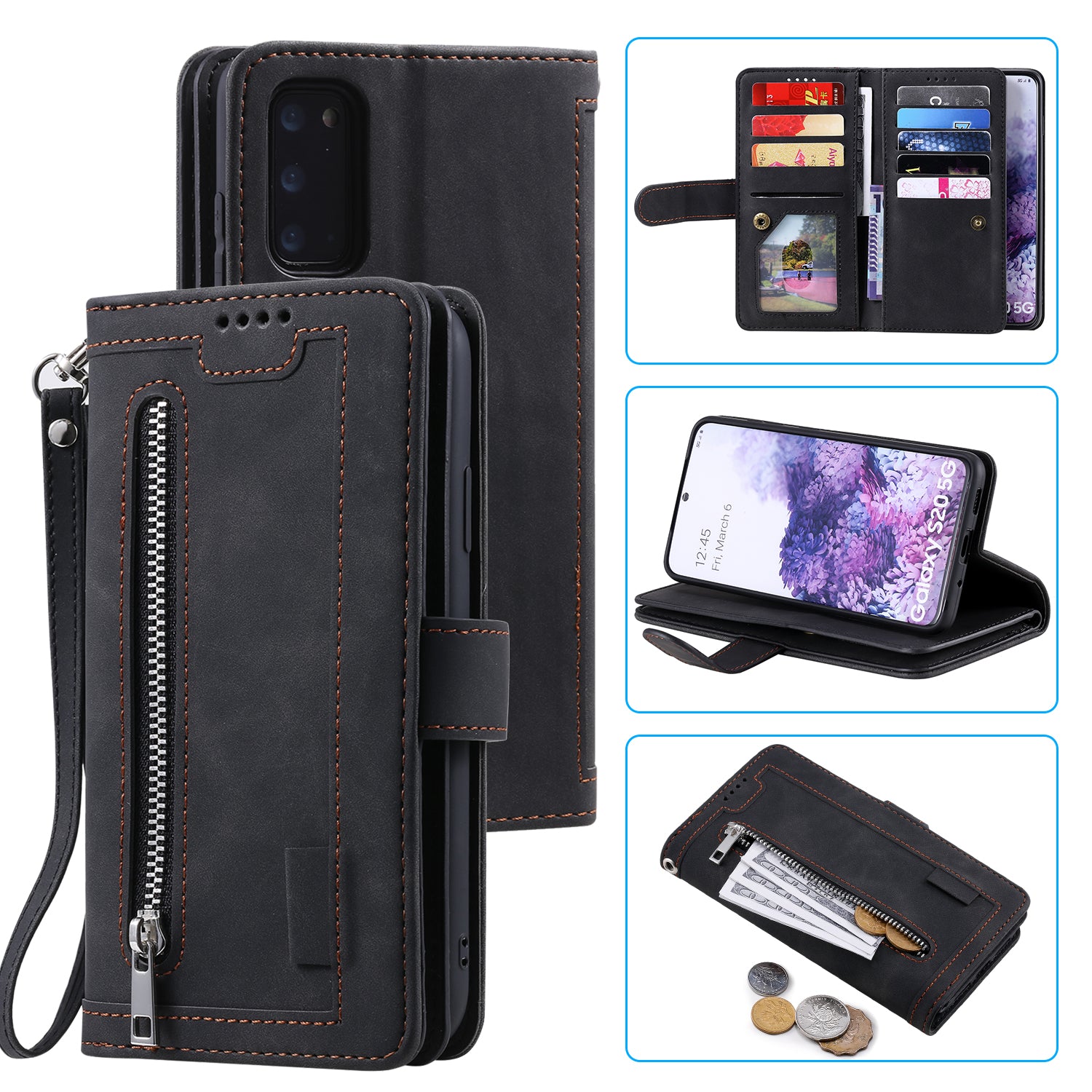 9 Card Slots Wallet Stand Leather Cover with Zipper Pocket for Samsung Galaxy S20 4G/S20 5G - Black