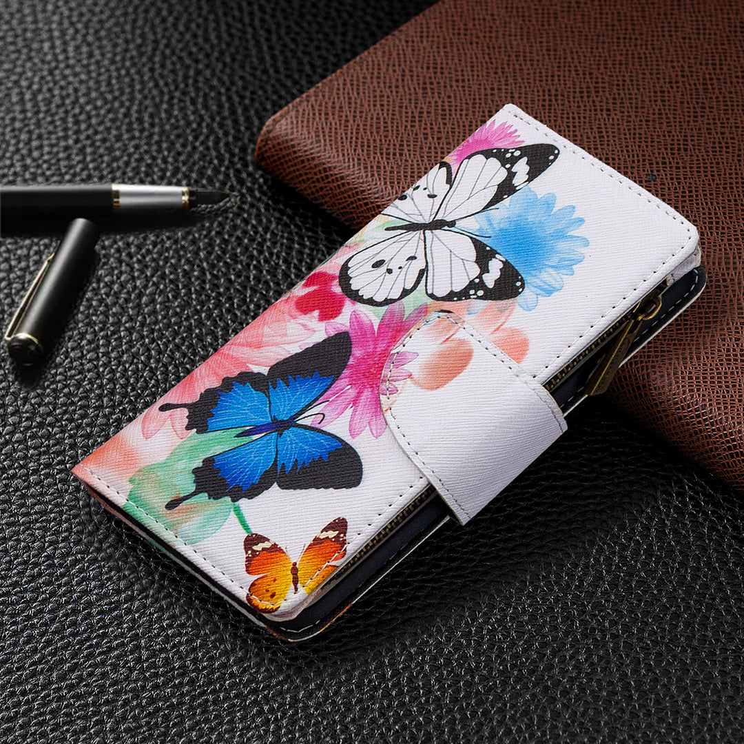 Patterned Zipper Wallet with 9 Card Slots Leather Phone Case Cover for Samsung Galaxy S20 4G/S20 5G - Three Butterflies