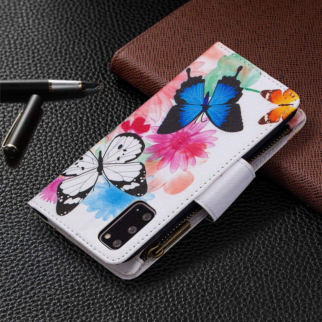 Patterned Zipper Wallet with 9 Card Slots Leather Phone Case Cover for Samsung Galaxy S20 4G/S20 5G - Three Butterflies