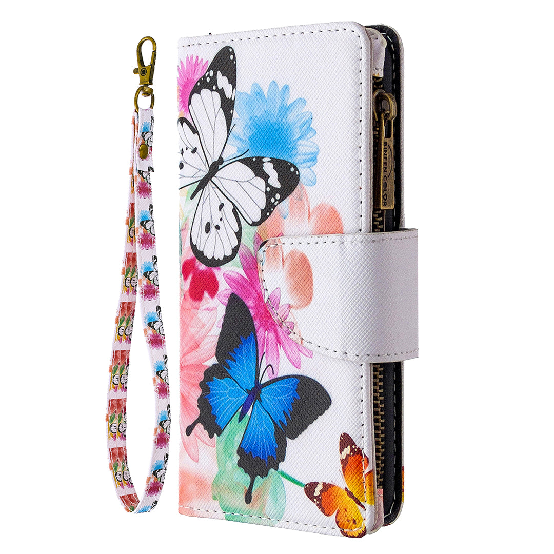 Patterned Zipper Wallet with 9 Card Slots Leather Phone Case Cover for Samsung Galaxy S20 4G/S20 5G - Three Butterflies