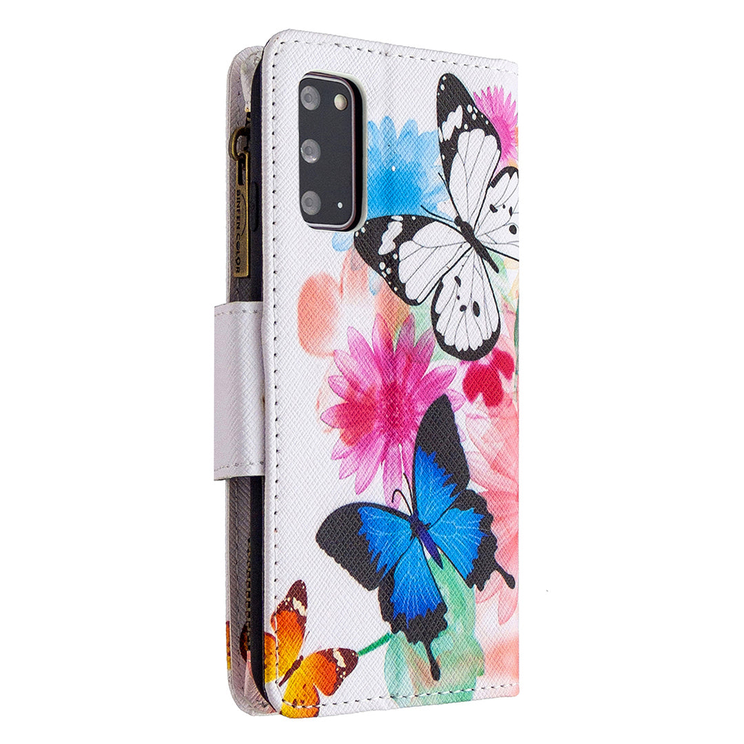 Patterned Zipper Wallet with 9 Card Slots Leather Phone Case Cover for Samsung Galaxy S20 4G/S20 5G - Three Butterflies