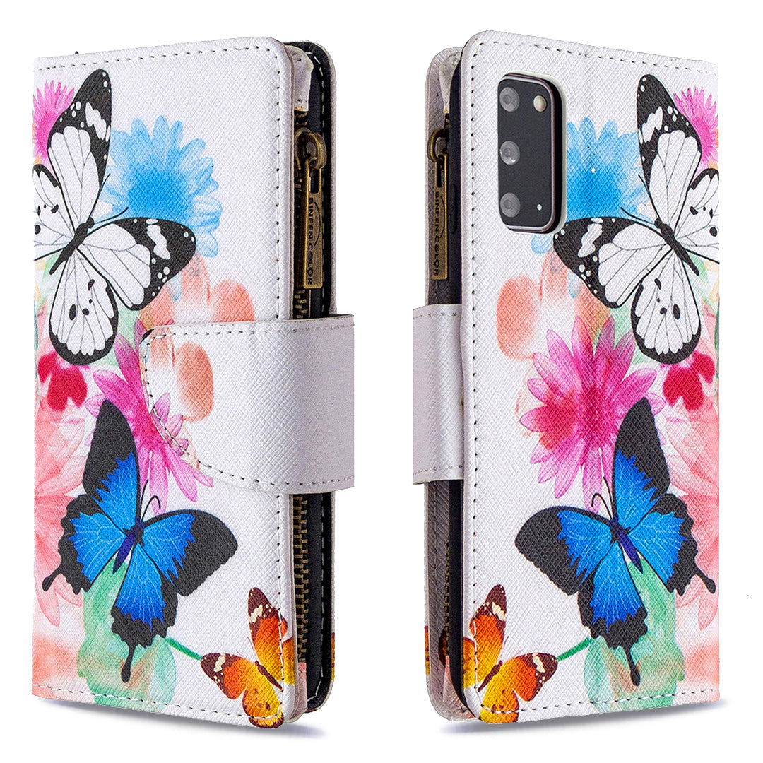 Patterned Zipper Wallet with 9 Card Slots Leather Phone Case Cover for Samsung Galaxy S20 4G/S20 5G - Three Butterflies