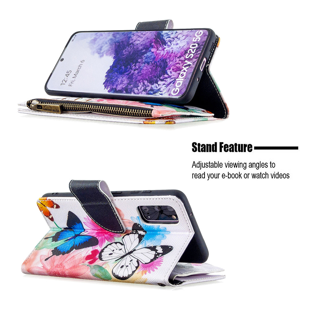 Patterned Zipper Wallet with 9 Card Slots Leather Phone Case Cover for Samsung Galaxy S20 4G/S20 5G - Three Butterflies