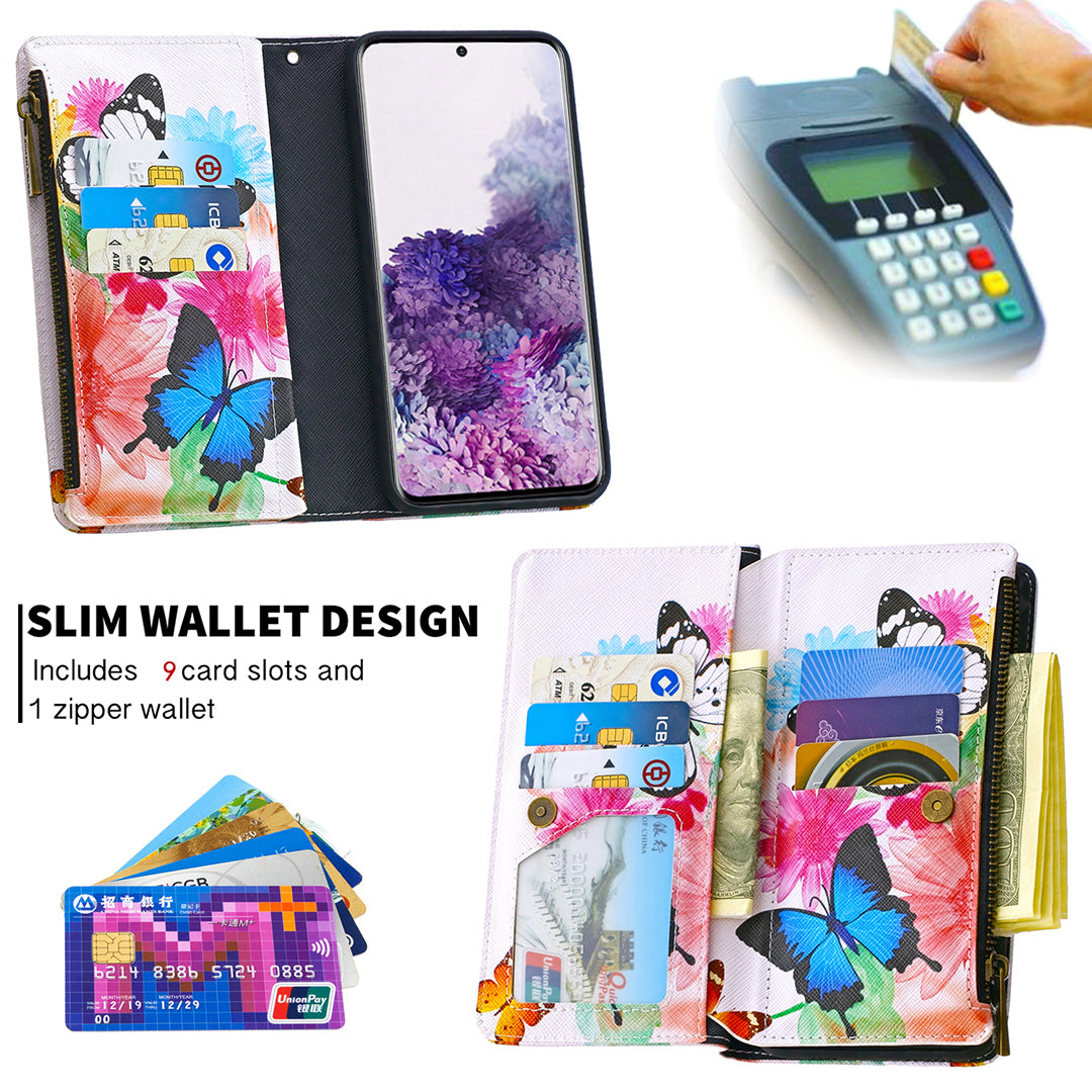 Patterned Zipper Wallet with 9 Card Slots Leather Phone Case Cover for Samsung Galaxy S20 4G/S20 5G - Three Butterflies