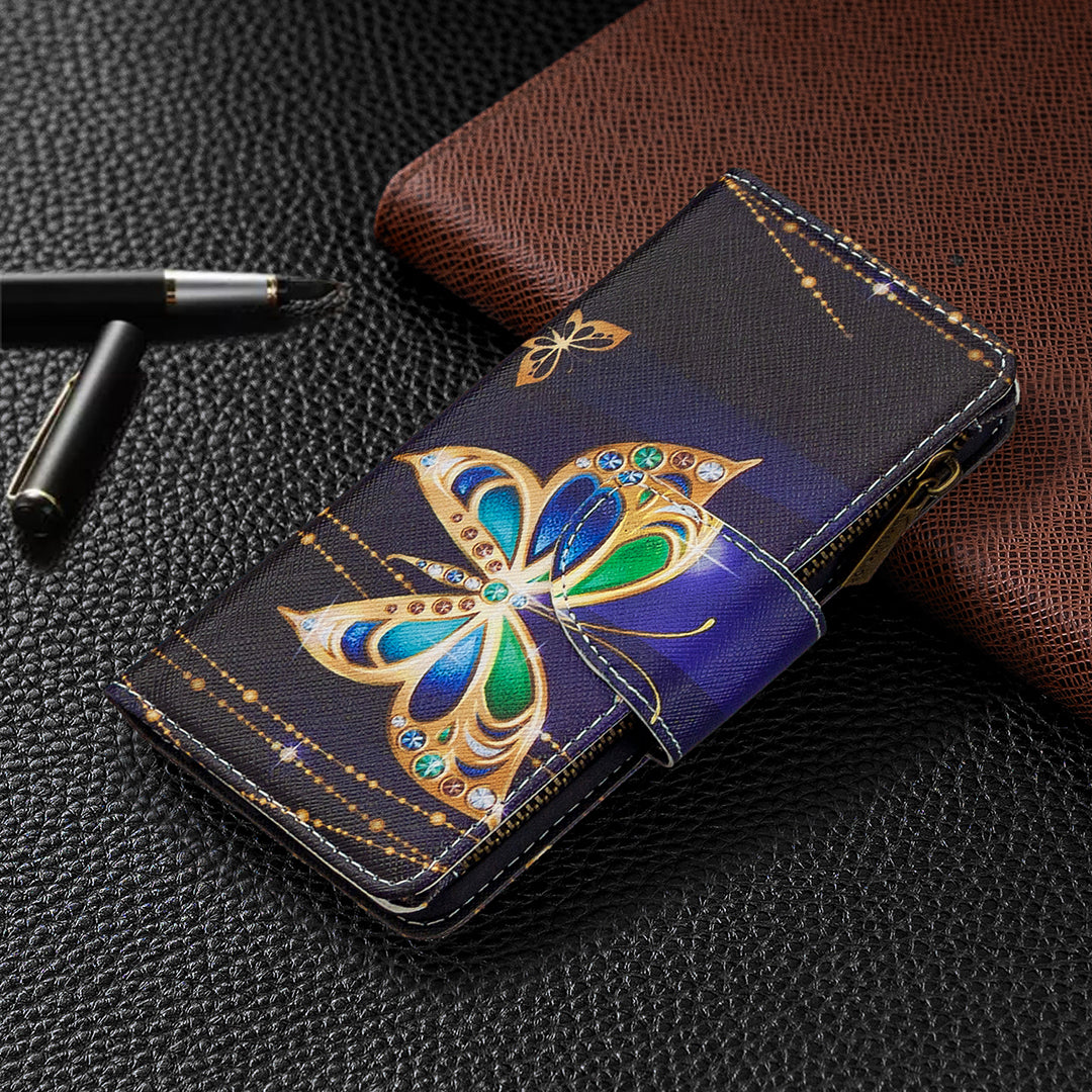 Patterned Zipper Wallet with 9 Card Slots Leather Phone Case Cover for Samsung Galaxy S20 4G/S20 5G - Gold Butterfly