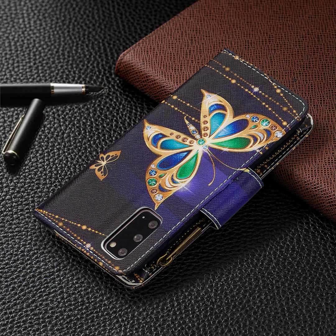 Patterned Zipper Wallet with 9 Card Slots Leather Phone Case Cover for Samsung Galaxy S20 4G/S20 5G - Gold Butterfly