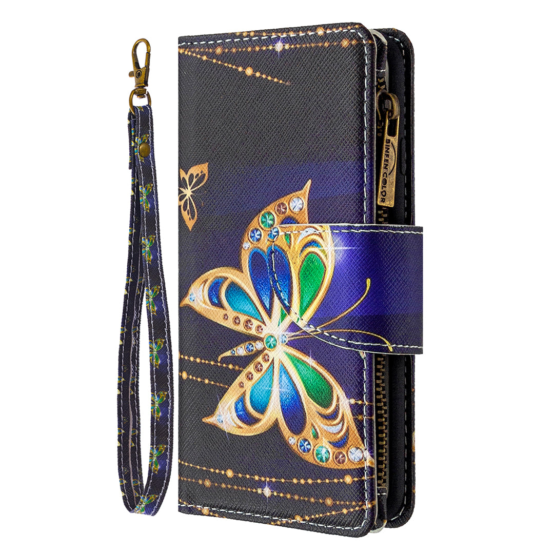 Patterned Zipper Wallet with 9 Card Slots Leather Phone Case Cover for Samsung Galaxy S20 4G/S20 5G - Gold Butterfly