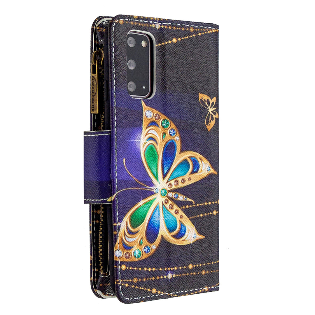 Patterned Zipper Wallet with 9 Card Slots Leather Phone Case Cover for Samsung Galaxy S20 4G/S20 5G - Gold Butterfly