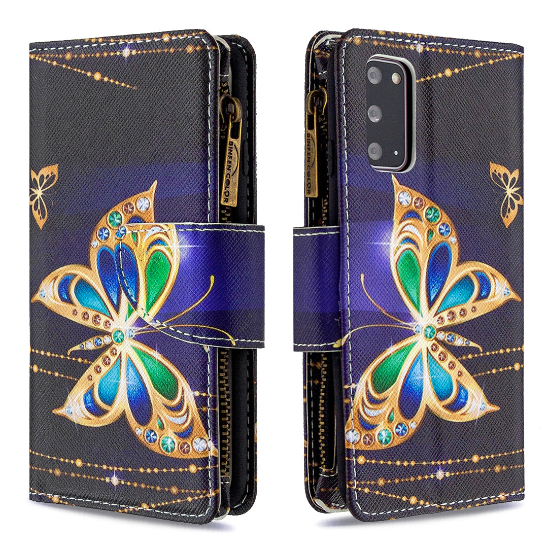 Patterned Zipper Wallet with 9 Card Slots Leather Phone Case Cover for Samsung Galaxy S20 4G/S20 5G - Gold Butterfly