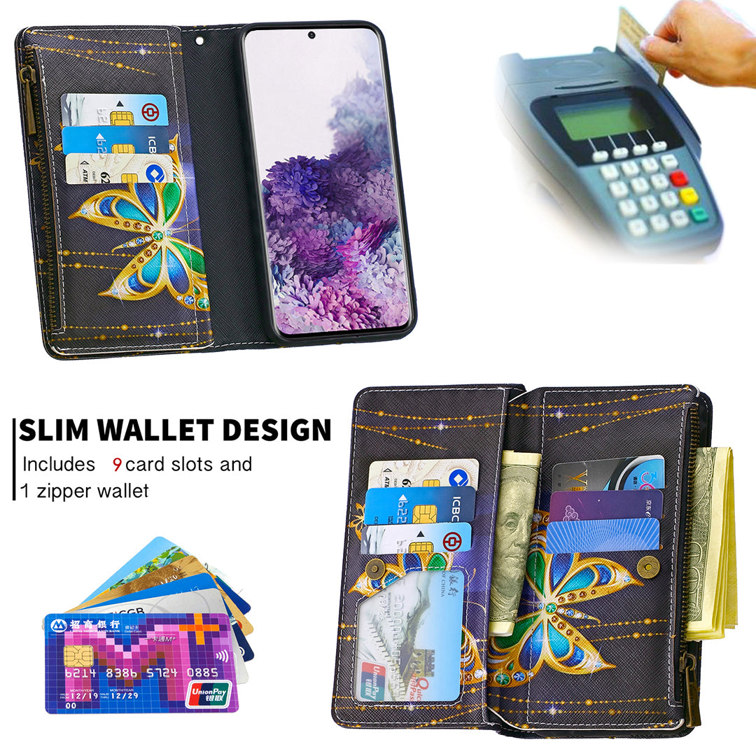 Patterned Zipper Wallet with 9 Card Slots Leather Phone Case Cover for Samsung Galaxy S20 4G/S20 5G - Gold Butterfly