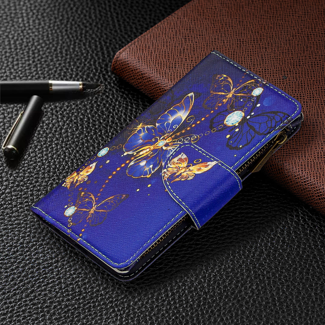 Patterned Zipper Wallet with 9 Card Slots Leather Phone Case Cover for Samsung Galaxy S20 4G/S20 5G - Blue Butterfly