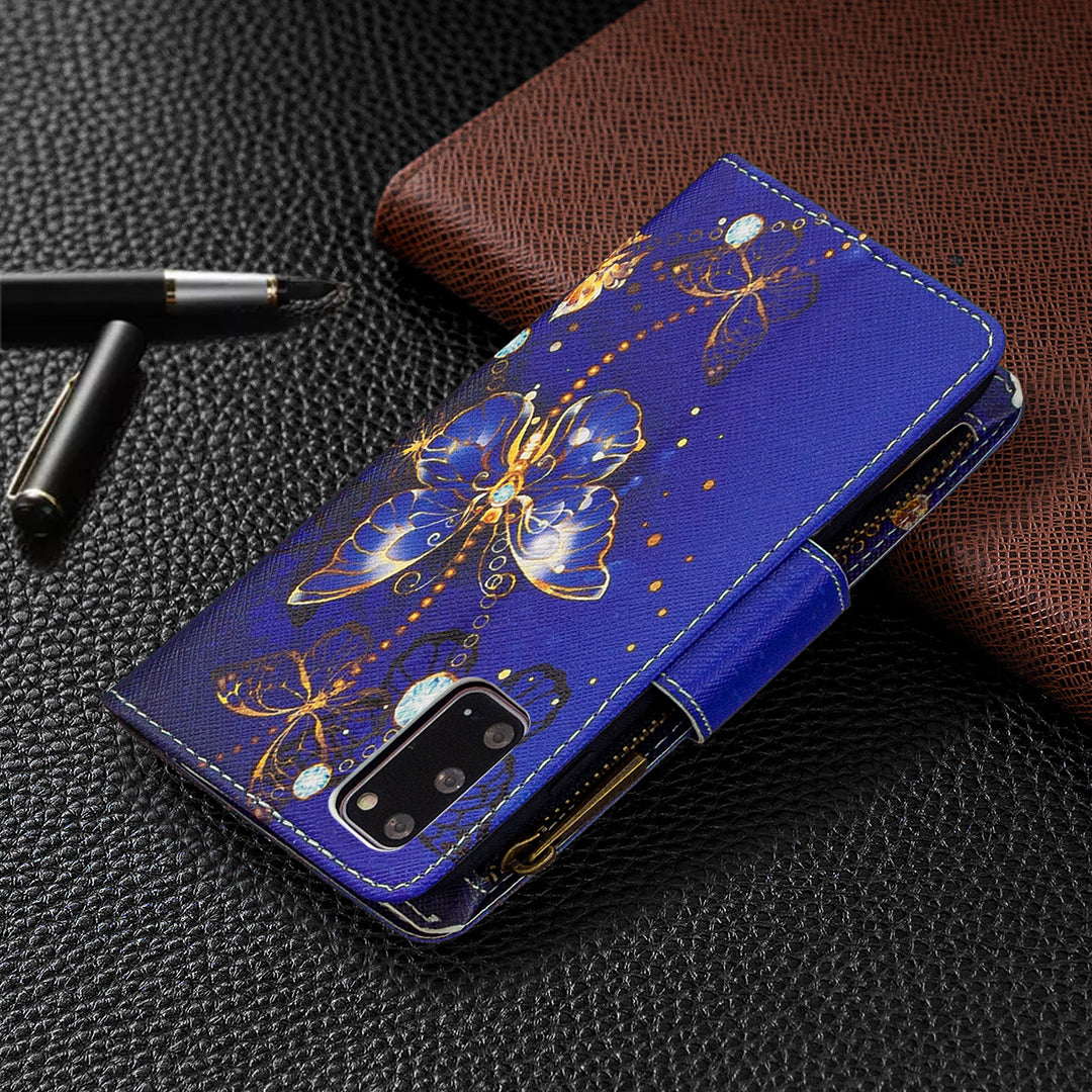 Patterned Zipper Wallet with 9 Card Slots Leather Phone Case Cover for Samsung Galaxy S20 4G/S20 5G - Blue Butterfly