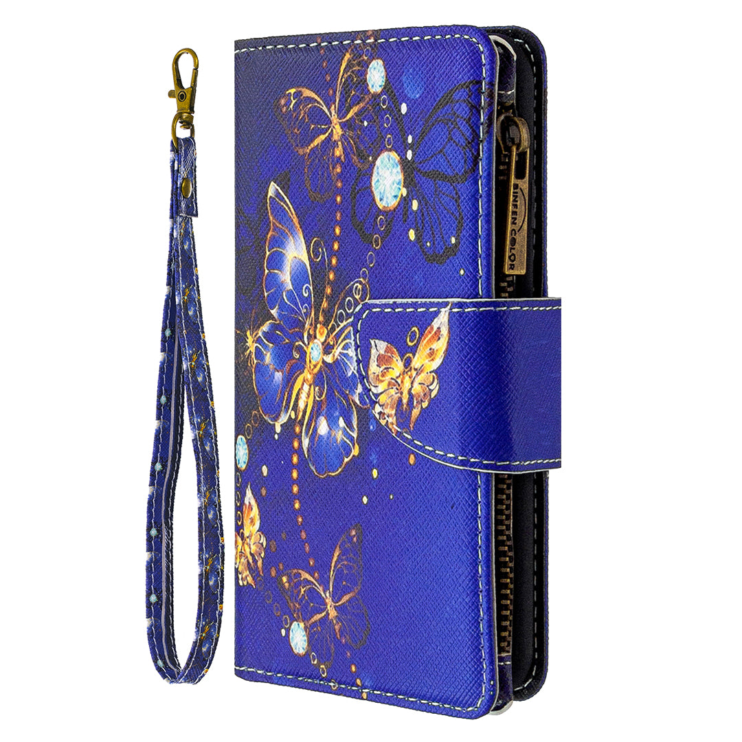 Patterned Zipper Wallet with 9 Card Slots Leather Phone Case Cover for Samsung Galaxy S20 4G/S20 5G - Blue Butterfly