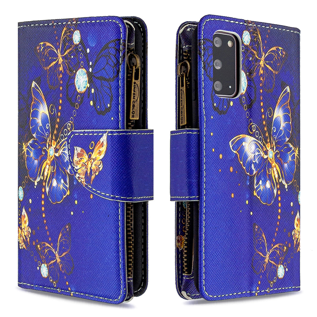 Patterned Zipper Wallet with 9 Card Slots Leather Phone Case Cover for Samsung Galaxy S20 4G/S20 5G - Blue Butterfly