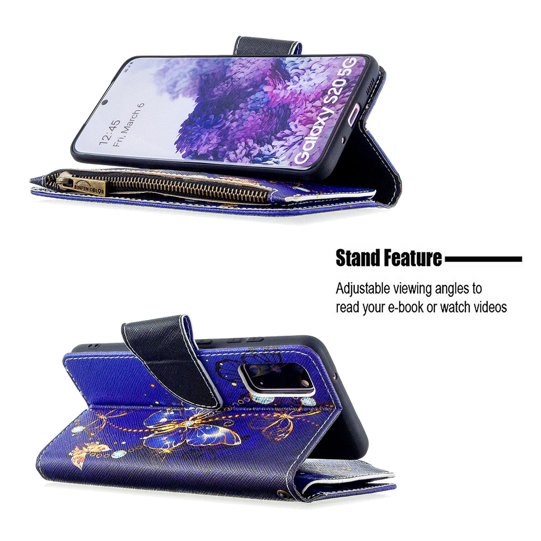 Patterned Zipper Wallet with 9 Card Slots Leather Phone Case Cover for Samsung Galaxy S20 4G/S20 5G - Blue Butterfly