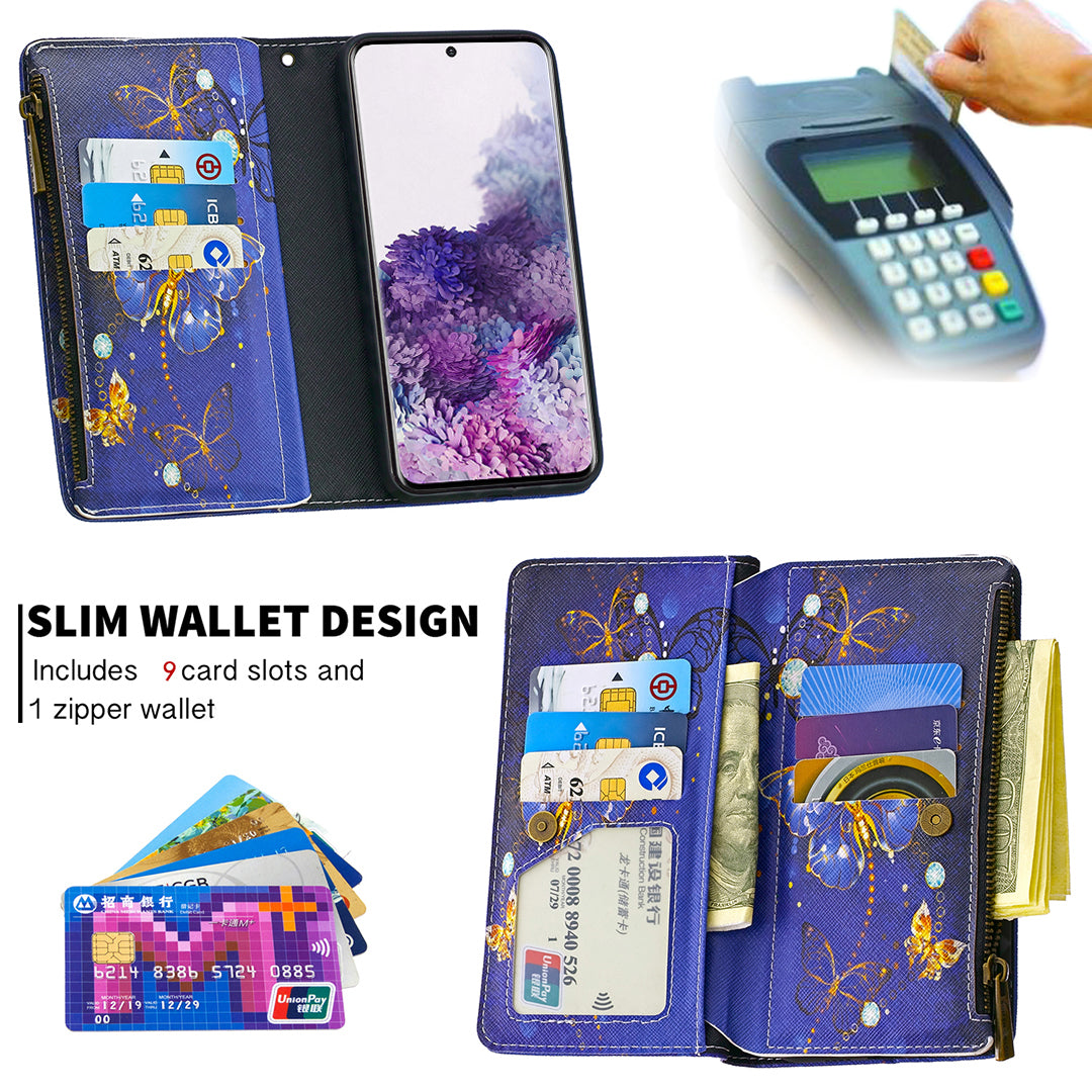 Patterned Zipper Wallet with 9 Card Slots Leather Phone Case Cover for Samsung Galaxy S20 4G/S20 5G - Blue Butterfly