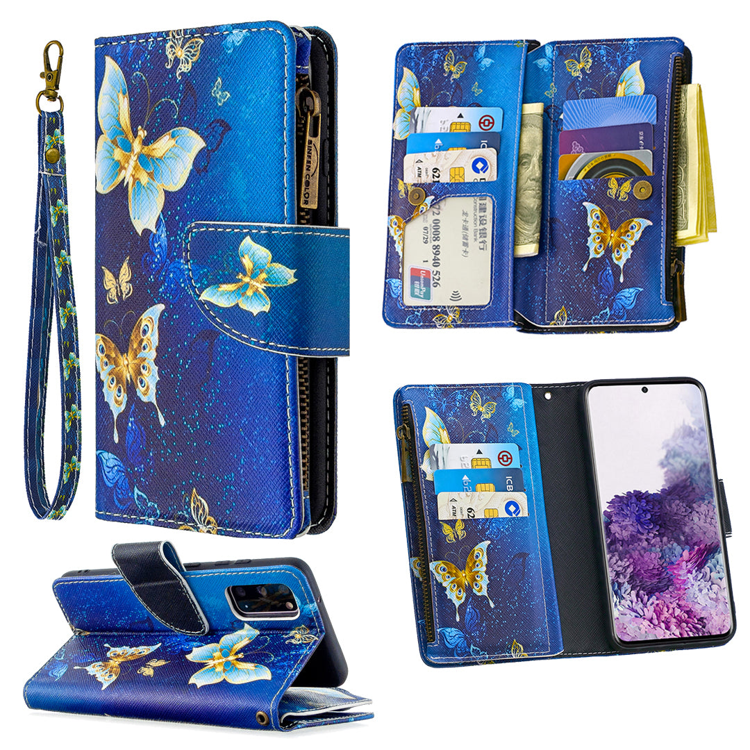 Patterned Zipper Wallet with 9 Card Slots Leather Phone Case Cover for Samsung Galaxy S20 4G/S20 5G - Cyan Butterfly