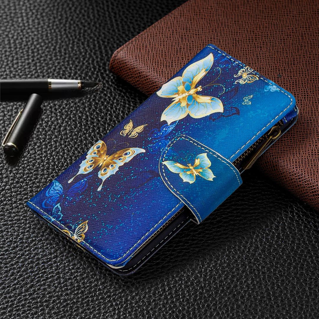 Patterned Zipper Wallet with 9 Card Slots Leather Phone Case Cover for Samsung Galaxy S20 4G/S20 5G - Cyan Butterfly