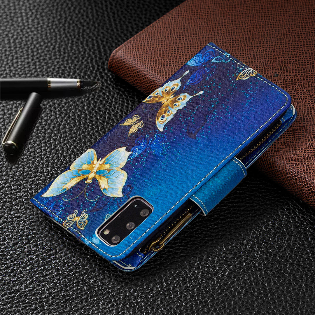 Patterned Zipper Wallet with 9 Card Slots Leather Phone Case Cover for Samsung Galaxy S20 4G/S20 5G - Cyan Butterfly