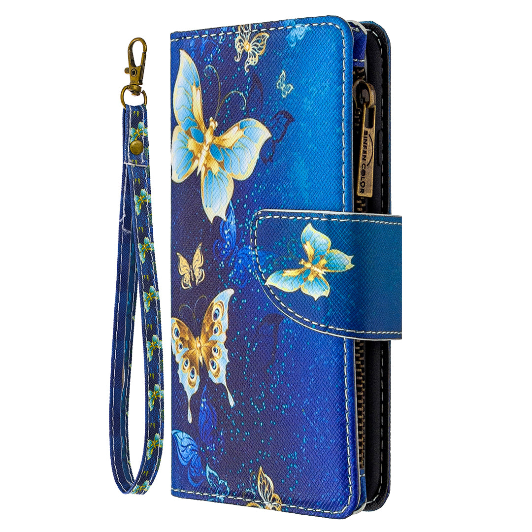 Patterned Zipper Wallet with 9 Card Slots Leather Phone Case Cover for Samsung Galaxy S20 4G/S20 5G - Cyan Butterfly