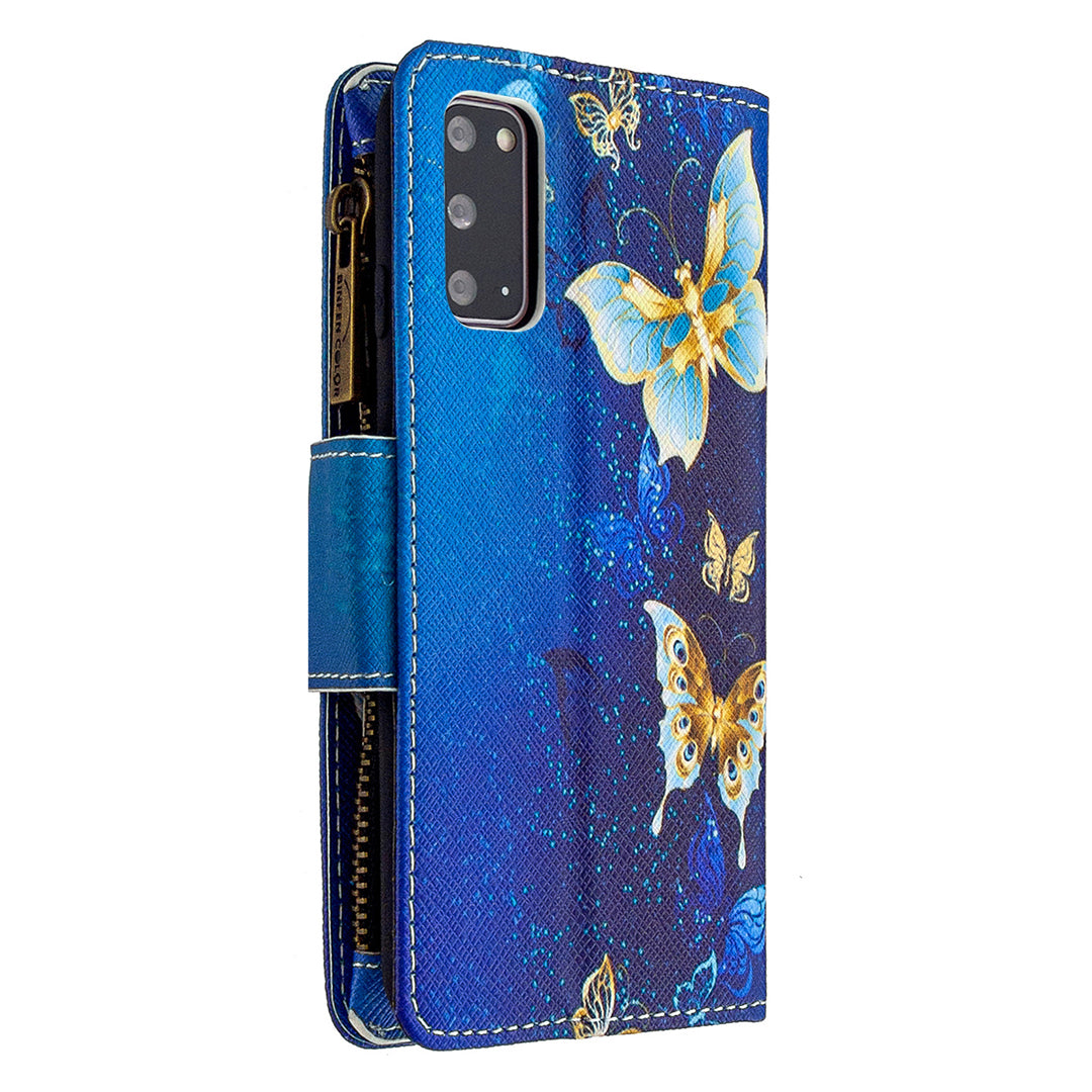 Patterned Zipper Wallet with 9 Card Slots Leather Phone Case Cover for Samsung Galaxy S20 4G/S20 5G - Cyan Butterfly