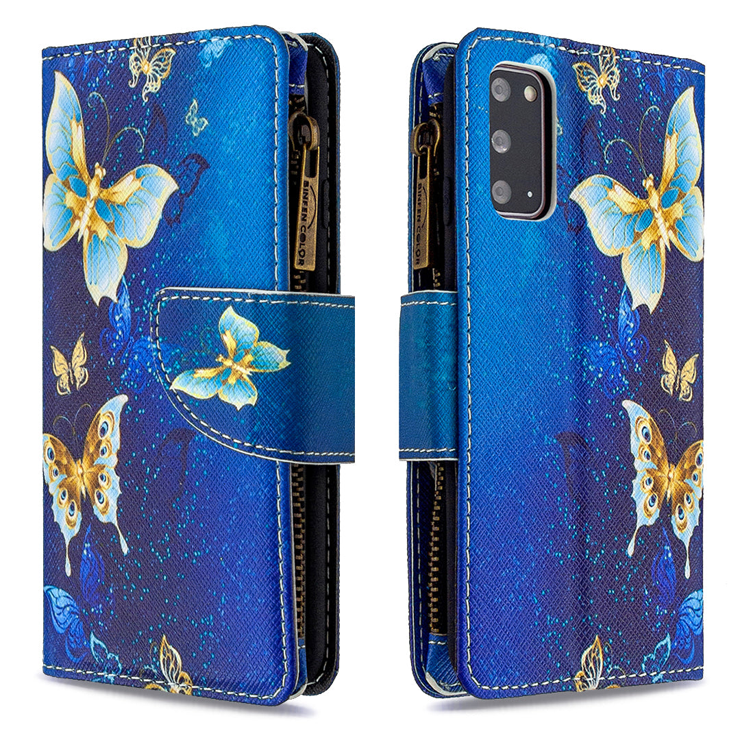 Patterned Zipper Wallet with 9 Card Slots Leather Phone Case Cover for Samsung Galaxy S20 4G/S20 5G - Cyan Butterfly