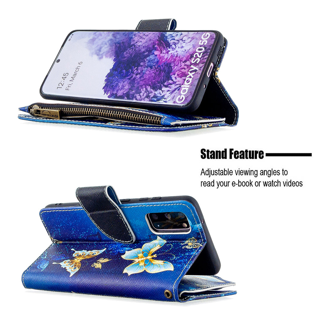 Patterned Zipper Wallet with 9 Card Slots Leather Phone Case Cover for Samsung Galaxy S20 4G/S20 5G - Cyan Butterfly