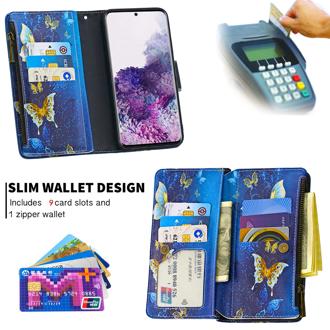 Patterned Zipper Wallet with 9 Card Slots Leather Phone Case Cover for Samsung Galaxy S20 4G/S20 5G - Cyan Butterfly