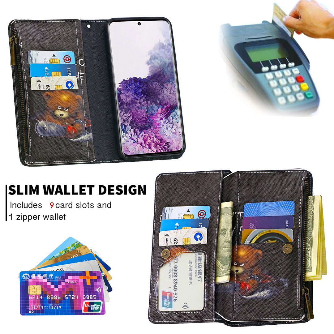 Patterned Zipper Wallet with 9 Card Slots Leather Phone Case Cover for Samsung Galaxy S20 4G/S20 5G - Do Not Touch