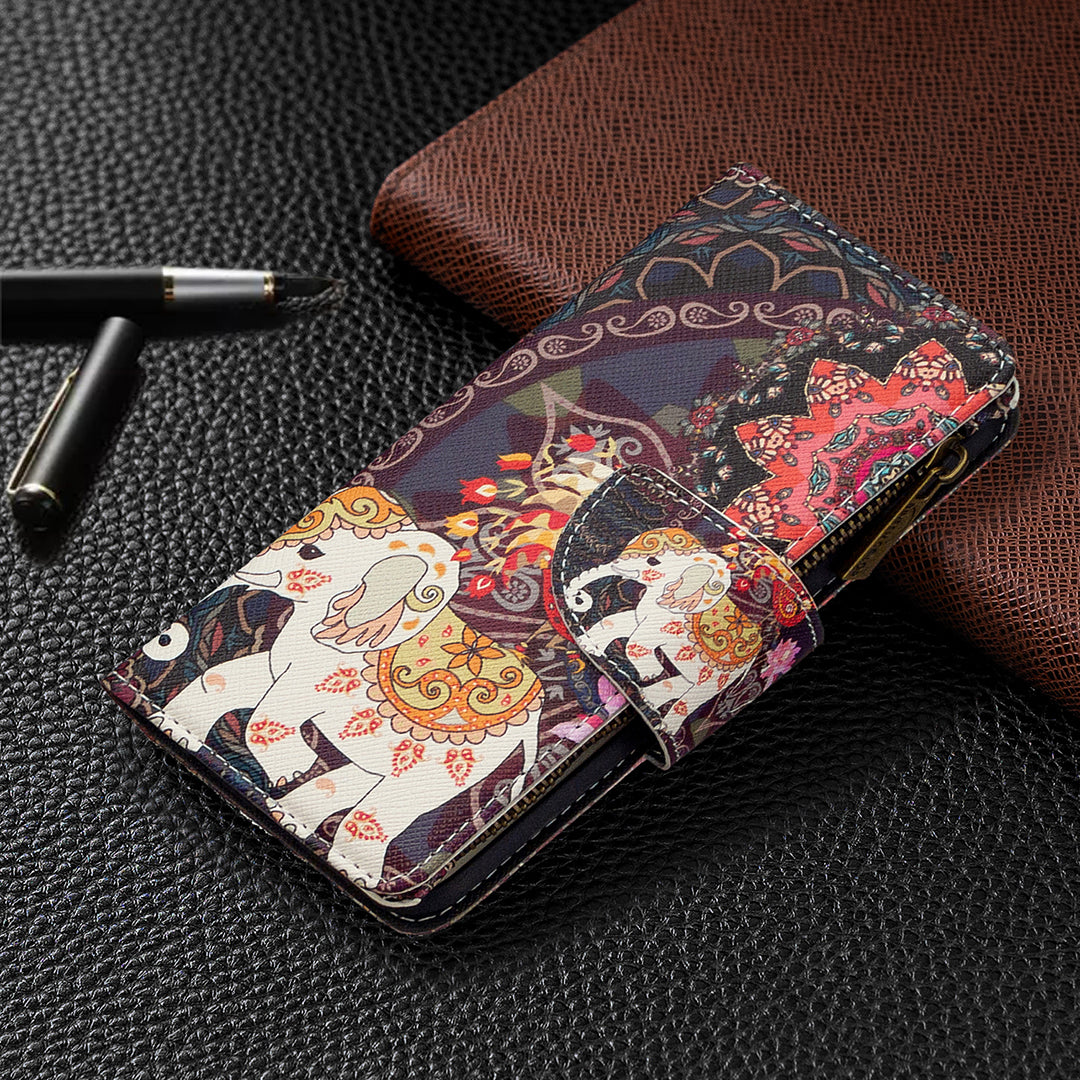 Patterned Zipper Wallet with 9 Card Slots Leather Phone Case Cover for Samsung Galaxy S20 4G/S20 5G - Elephant