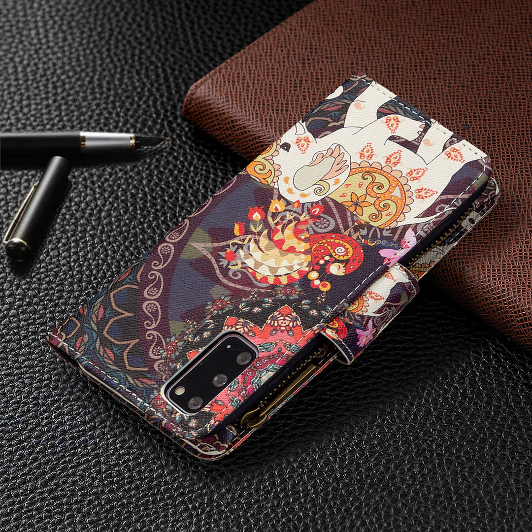 Patterned Zipper Wallet with 9 Card Slots Leather Phone Case Cover for Samsung Galaxy S20 4G/S20 5G - Elephant