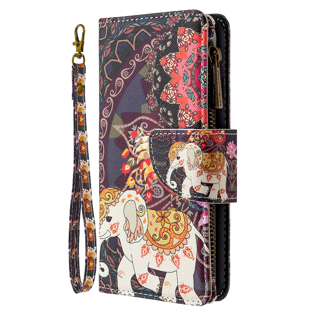 Patterned Zipper Wallet with 9 Card Slots Leather Phone Case Cover for Samsung Galaxy S20 4G/S20 5G - Elephant