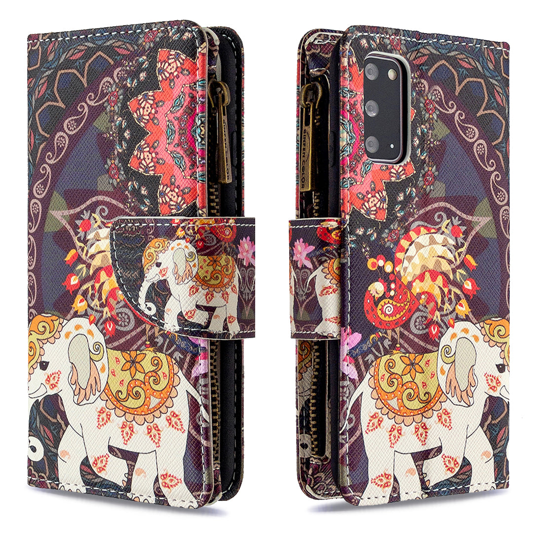 Patterned Zipper Wallet with 9 Card Slots Leather Phone Case Cover for Samsung Galaxy S20 4G/S20 5G - Elephant