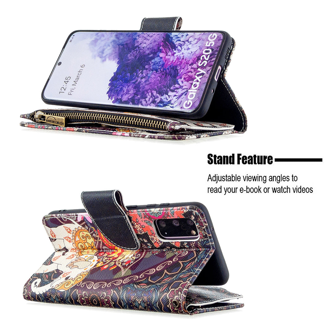 Patterned Zipper Wallet with 9 Card Slots Leather Phone Case Cover for Samsung Galaxy S20 4G/S20 5G - Elephant