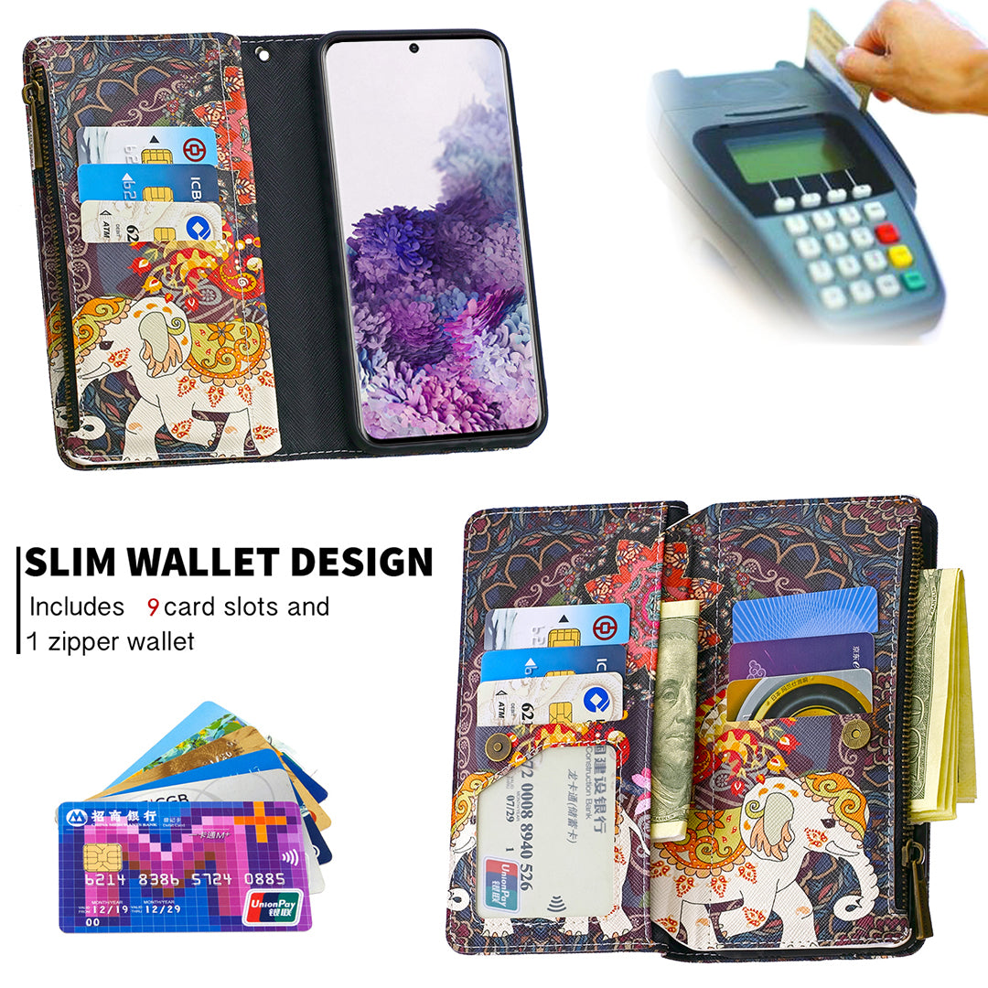 Patterned Zipper Wallet with 9 Card Slots Leather Phone Case Cover for Samsung Galaxy S20 4G/S20 5G - Elephant