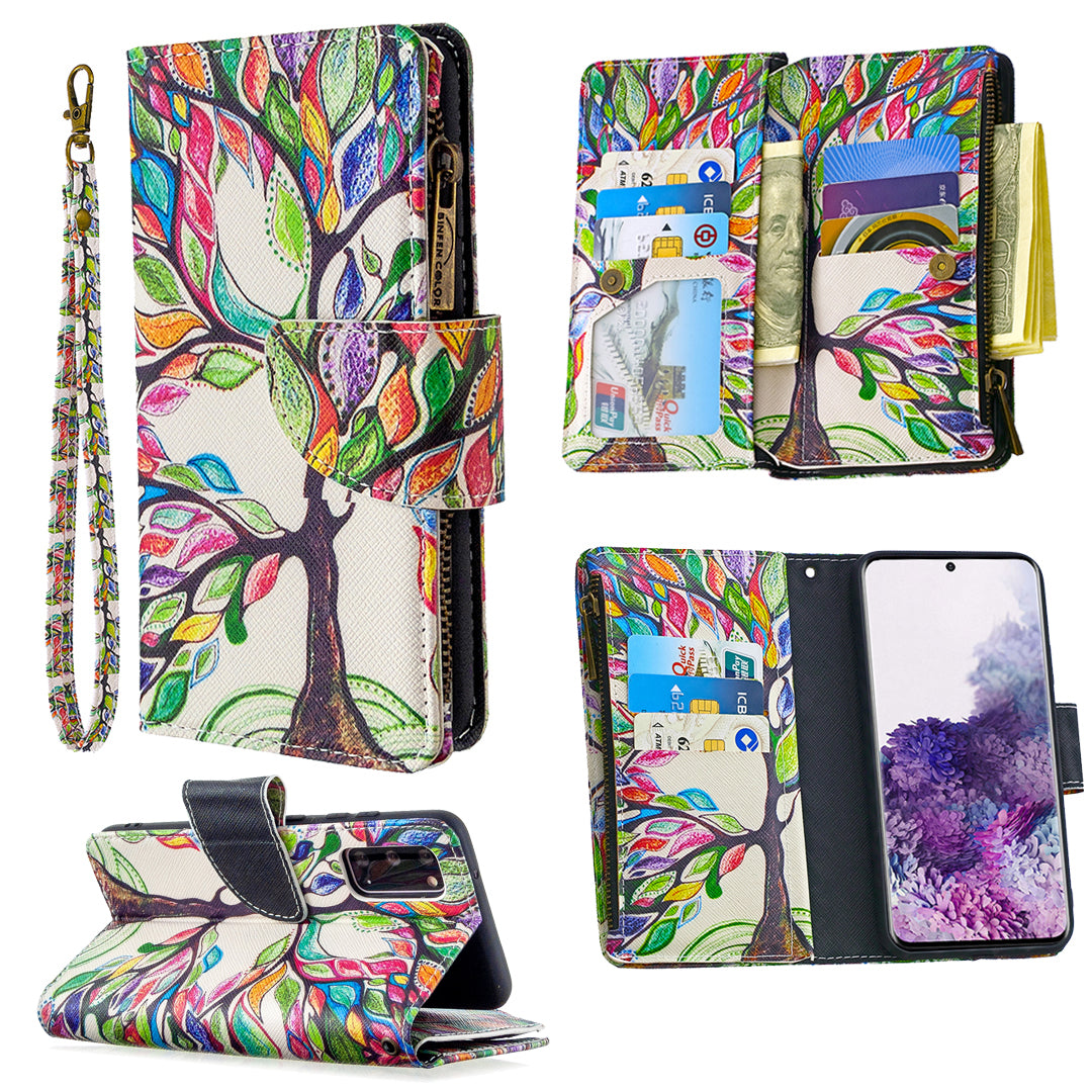 Patterned Zipper Wallet with 9 Card Slots Leather Phone Case Cover for Samsung Galaxy S20 4G/S20 5G - Color Tree